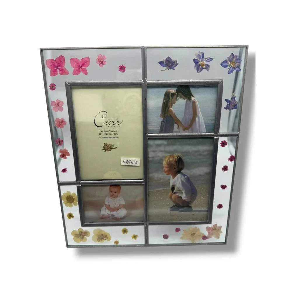 Vintage Carr Handcrafted Stained Glass Pressed Flower Collage Picture Frame